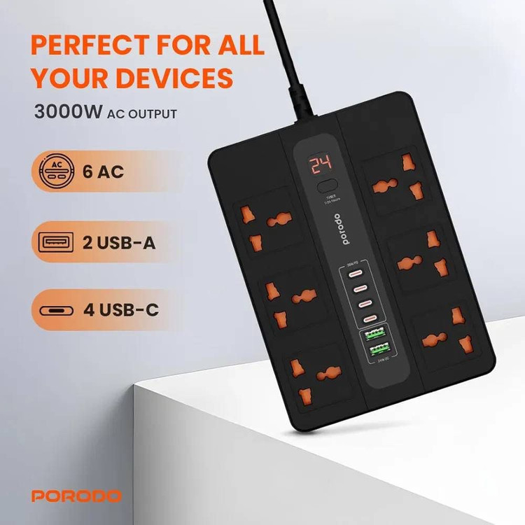 چندراهی برق و هاب شارژر هوشمند Porodo مدل Multi-Port Super Hub