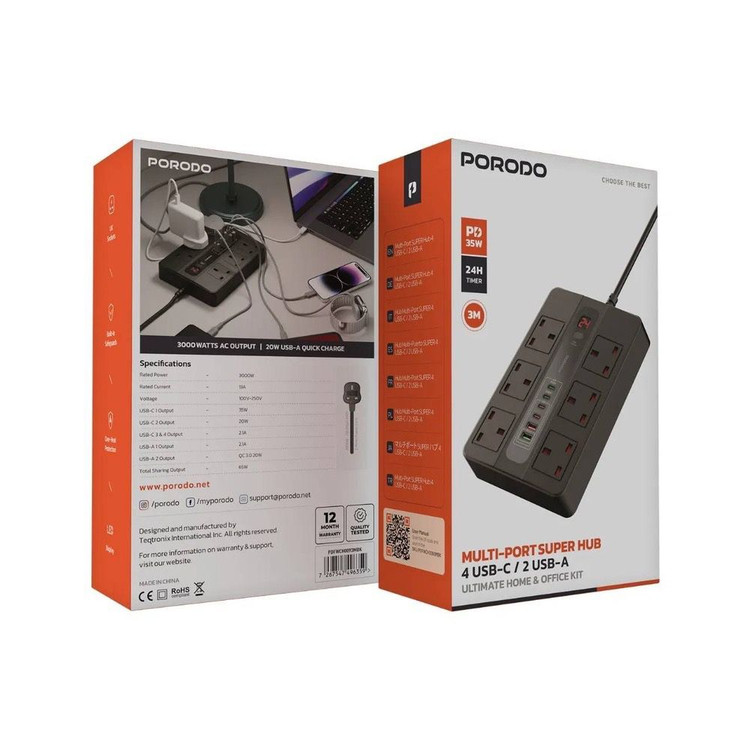 چندراهی برق و هاب شارژر هوشمند Porodo مدل Multi-Port Super Hub